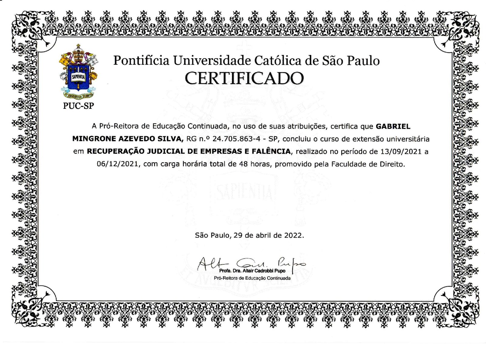Certificado Curso de Extensão - Recuperação Judicial de Empresas e falência - PUC SP_page-0001
